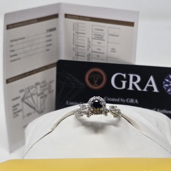 .5ct Black Moissanite Ring Round Halo Vine GRA Cert White Gold Plated Sizes 6-12 - Picture 13 of 13
